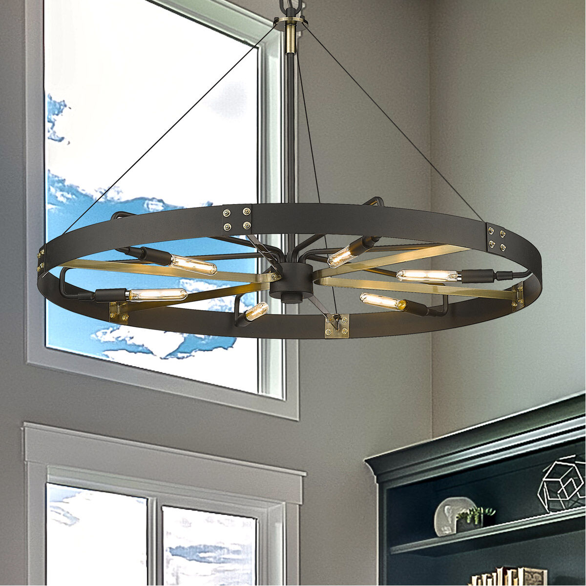 Vaughn 6 Light 33 inch Natural Black Pendant Ceiling Light in Aged Brass, Large